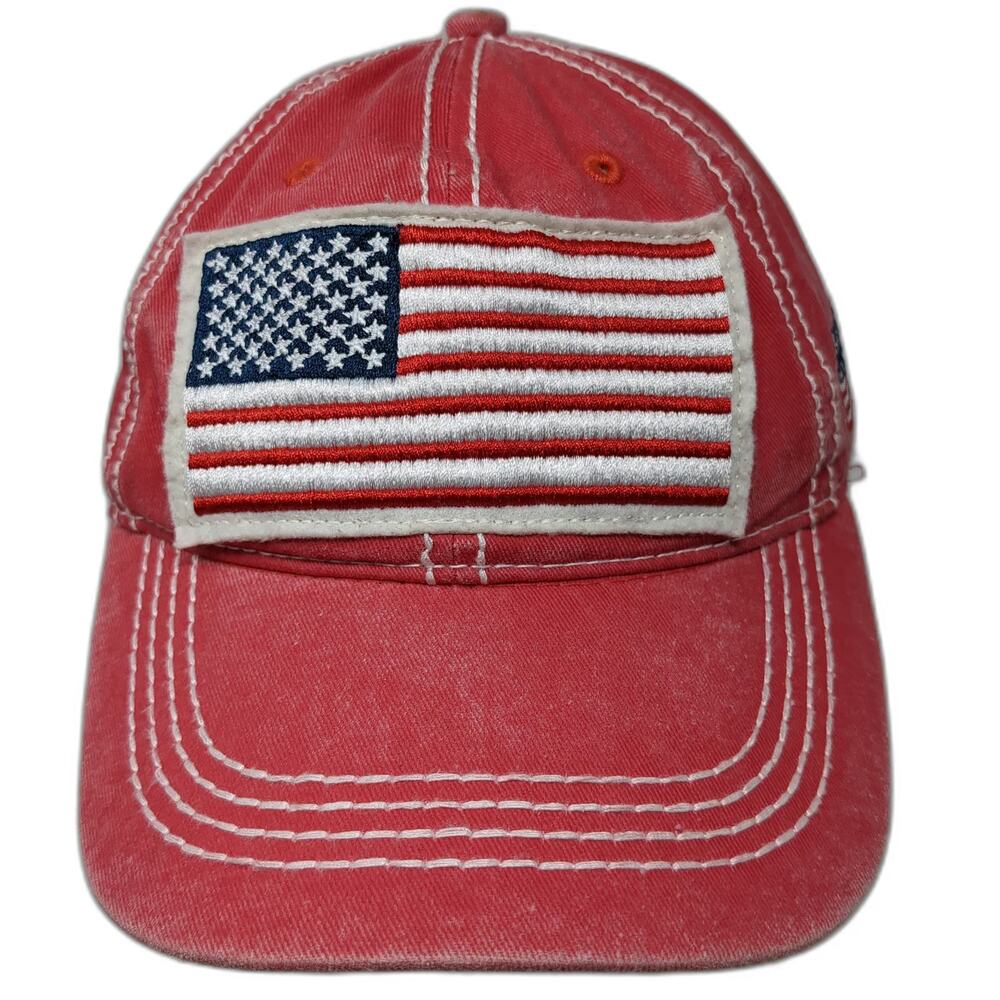 Wild Wear Baseball Cap Red OS American Flag Patch Contrast Stitch Strapback Hat